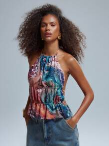 MUSERA Ruched Cinched Halterneck Cami Top Summer Ibiza Fall Festival Carnival Festival Spring Holiday - Multicolor - View 1