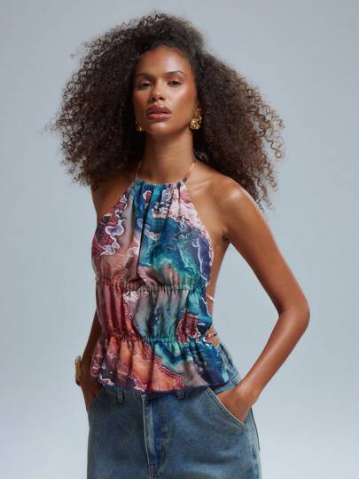 MUSERA Ruched Cinched Halterneck Cami Top Summer Ibiza Fall Festival Carnival Festival Spring Holiday