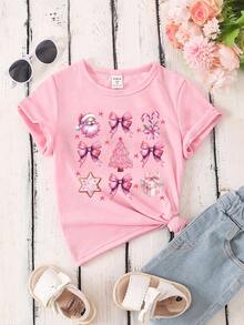 Áo thun tay ngắn in họa tiết Giáng sinh, cây thông Noel và đũa thần, thời trang thường ngày cho bé gái - Màu Hồng baby - Xem 3