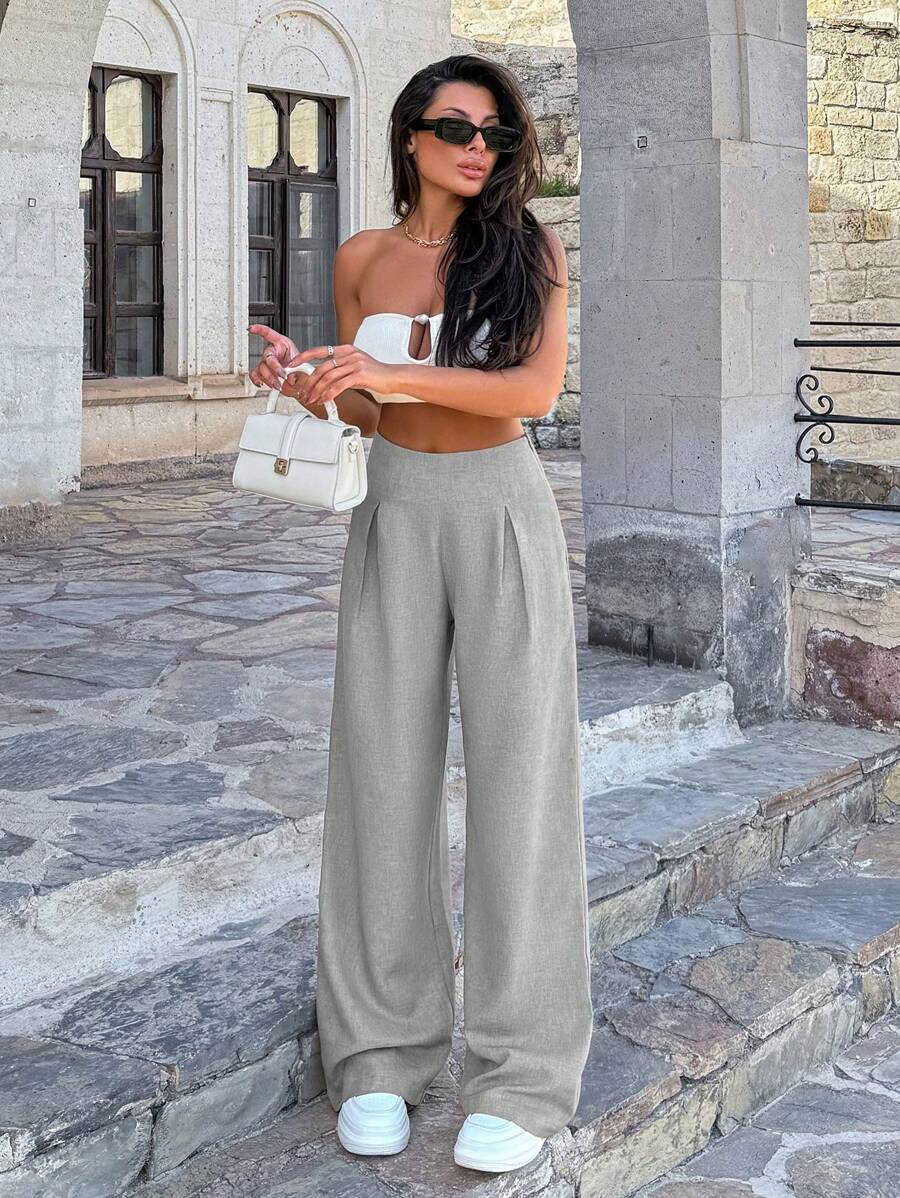 EURMUSE Pantalon large en lin casual pour femmes - Gris - Voir 1