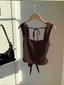 Comfortcana Chocolate Brown Square Neck Backless Tie Strap Knit Cami Top, Summer - Chocolate Brown - View 4