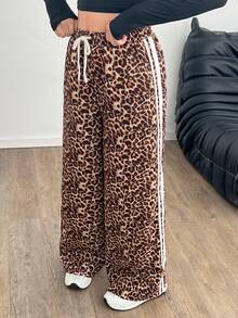 SHEIN Quần ống rộng họa tiết da báo Colorblock cho bé gái tuổi teen mặc thường ngày - Màu Khaki - Xem 5