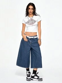 ROMWE Grunge Punk Low-Rise Extra Baggy Street Style Vintage Vine Cross Embroidered Loose 7/8 Boy Friend Jeans - Blue - View 2