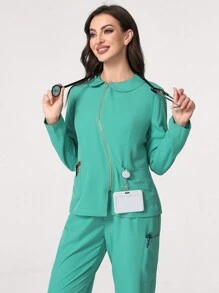 TaskEZ Bộ đồng phục gồm 2 chiếc áo và quần dài cổ tròn tay dài màu trơn có khóa kéo túi trước - màu xanh lá - Xem 8