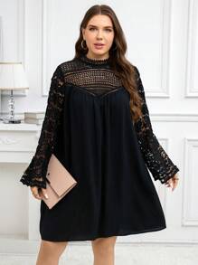 SHEIN Clasi Plus Size Black Lace Patchwork A-Line Dress For Office Commute, Autumn - Black - View 1