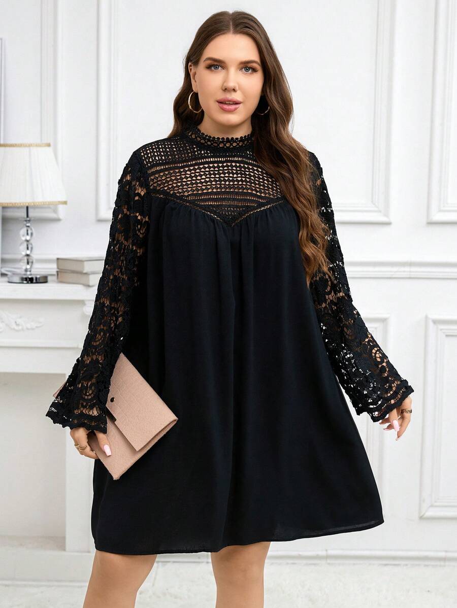 SHEIN Clasi Plus Size Black Lace Patchwork A-Line Dress For Office Commute, Autumn - Black - View 1