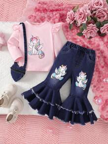 Baby Girl Cartoon Unicorn Printed Ruffled Crew Neck Long Sleeve Top And Tiered Flared Jeans With Heart Shaped Crossbody Bag Casual Outfit - Pink - View 1