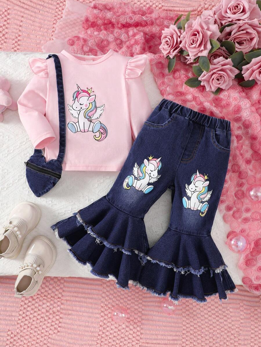 Baby Girl Cartoon Unicorn Printed Ruffled Crew Neck Long Sleeve Top And Tiered Flared Jeans With Heart Shaped Crossbody Bag Casual Outfit - Pink - View 1