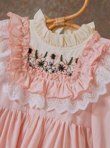 SHEIN Baby Girl Ruffle Collar Floral Embroidered Long Sleeve Dress - Pink - View 3