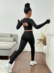 SHEIN 2 piezas/Conjunto Parte superior de manga larga con abertura en la espalda y leggings Conjunto de ropa deportiva para niñas preadolescentes
