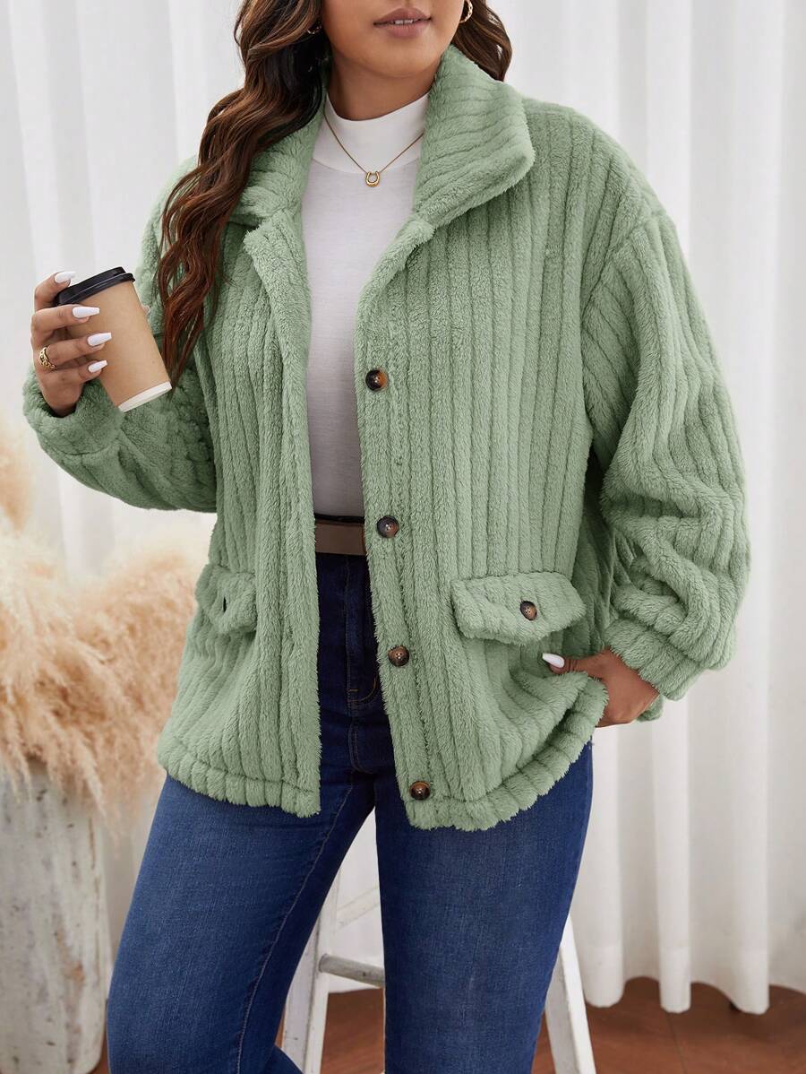 SHEIN Frenchy 秋冬大码纯色前扣长袖口袋休闲夹克 - 綠色 - 查看 1