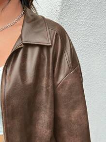 SHEIN EZwear Chaqueta de talla grande de piel de imitación desgarrada y de corte holgado, para invierno - Marrón Mocha - Ver 6