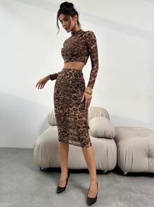 Firerie 2pcs Women Summer Autumn Sexy Elegant Leopard Print Mesh Bodycon Long Sleeve Crop Top And High Waist Ruched Skirt Set