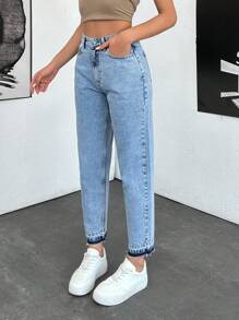 EURMUSE Solid Color High Waist Casual Mom Fit Vintage Style Jeans With Pockets - Medium Wash - View 4