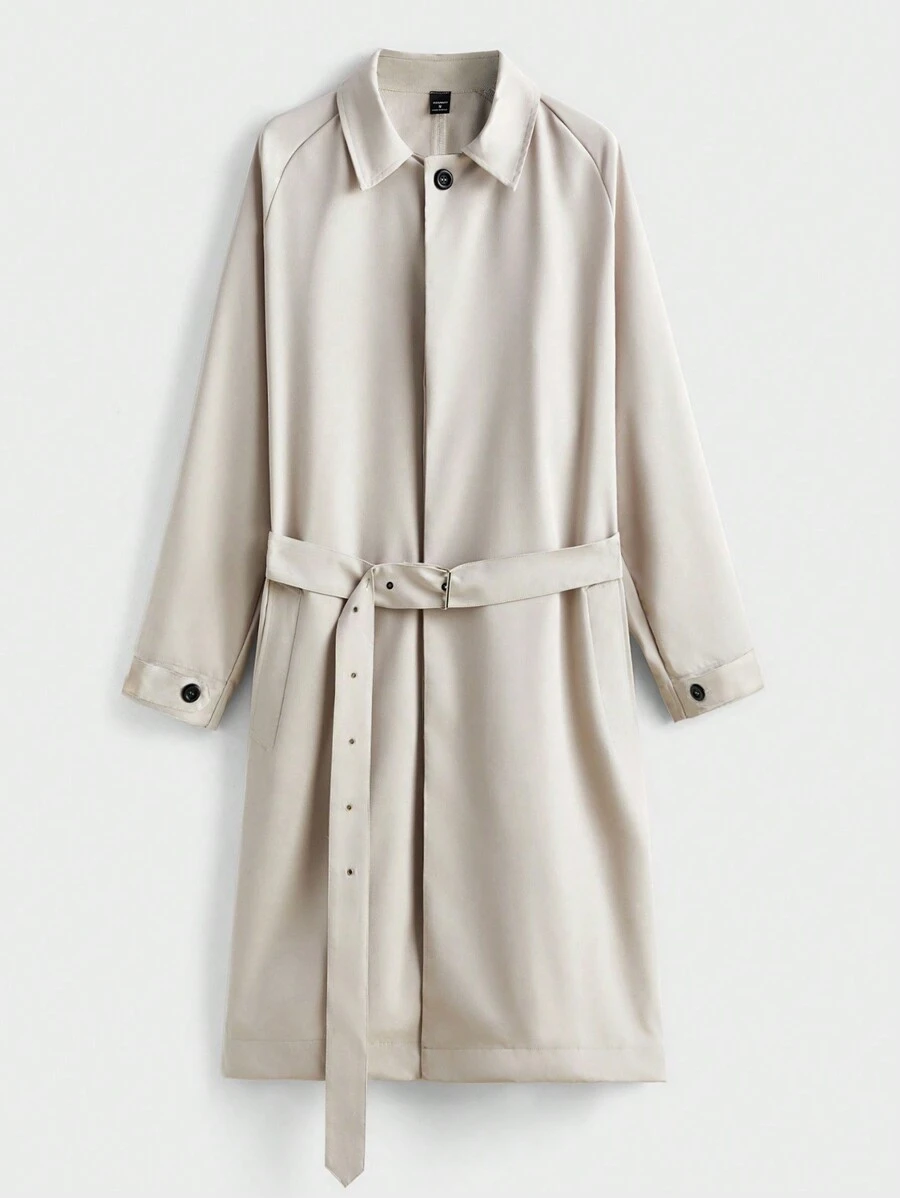 Chillumni Men's Spring And Autumn Casual Solid Color Mid-Length Trench Coat - Khaki - View 1