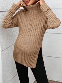 SHEIN Maternity Casual Zip-Up Ribbed Knitted Long Cardigan, Autumn/Winter - Camel - View 3