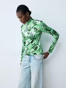 Maija Women's Velvet Floral Print Stand Collar Long Sleeve Casual T-Shirt, Autumn/Winter