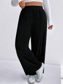 SHEIN LUNE Pantalones informales de talla grande con forro térmico grueso en color negro, para otoño/invierno