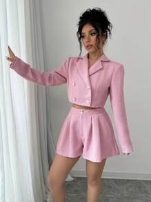 Elenzga 2pcs Women's Elegant Tweed Double-Breasted Jacket And Shorts Set, Spring & Autumn Fall Cloth For Women - Pink - View 6