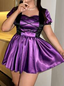 Plus Size Women Color Blocking Tie Up Short Puff Sleeve Sexy Costume