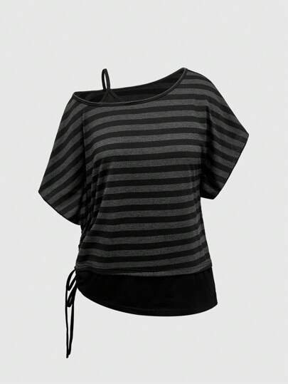 Grunge Punk Plus Size Grunge Punk Inspired Asymmetric Shoulder Loose Black & Grey Retro Striped T-Shirt, Plus Size