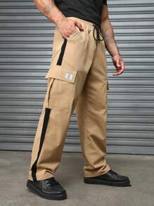 Manfinity Homme 男式撞色抽绳口袋休闲裤 - 駝色 - 查看 5