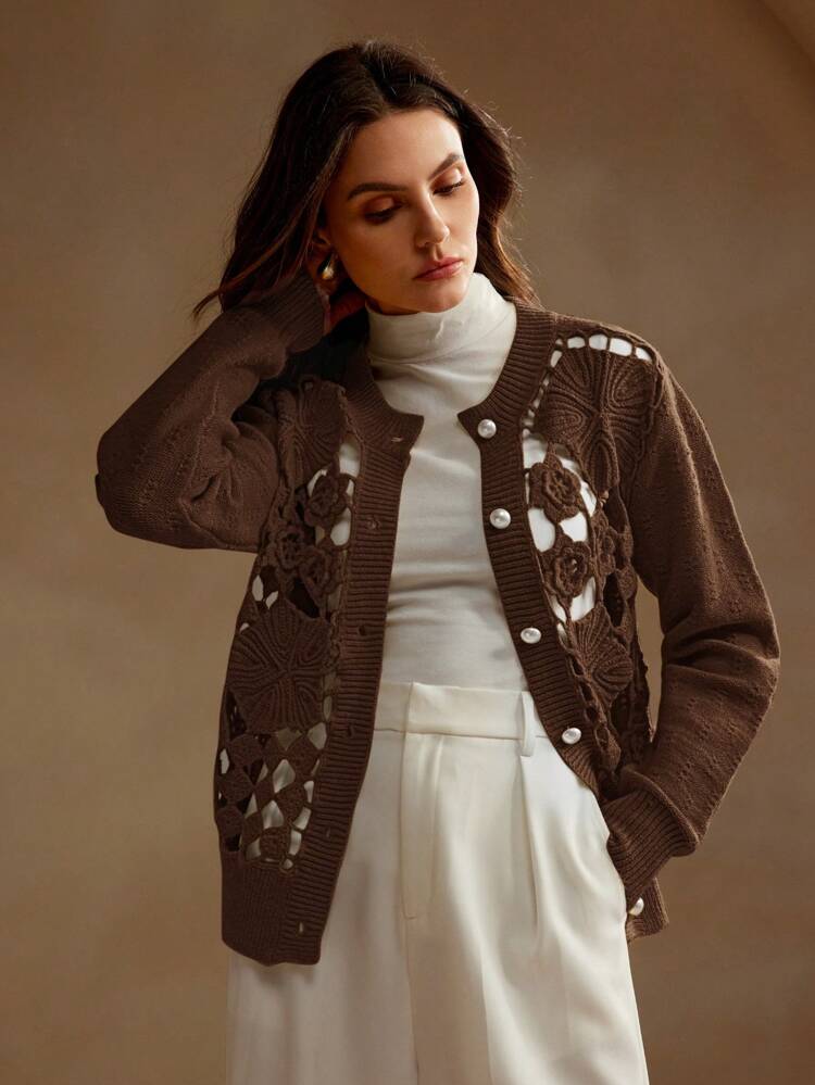 Double-Layer Hand-Crocheted Hollow Floral Applique Front Button Up Long Sleeve Knitted Cardigan
