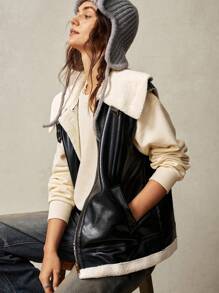 Bohemela 1 件女式无袖蓬松衬里长夹克，温暖冬季外套 - 黑色 - 查看 3