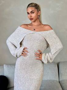 Chiquease Einfaches Lässig Kleid mit langen Ärmeln und Off-Shoulder Einfarbig