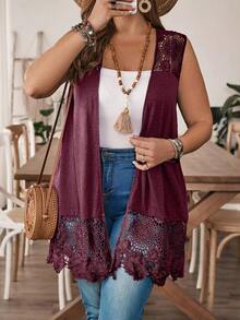 Plus Size Sleeveless Lace Patchwork Jacket, Summer - Burgundy - View 5