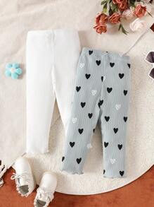 SHEIN 2pcs Baby Girl Solid Color & Heart Print Elastic Waist Ribbed Lettuce Trim Pants - Multicolor - View 2