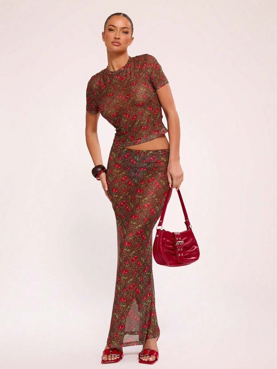 MUSERA Leopard Cherry Maxi Skirt Ibiza Boho Summer Sexy Party - Multicolor - View 1