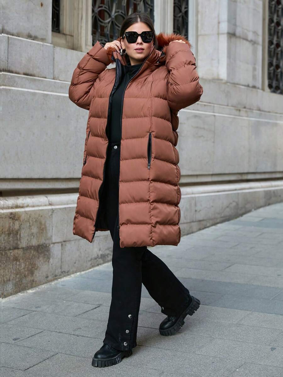SHEIN Cottnline Palton căptușit cu glugă, cu buzunare înclinate, pentru femei de mărime mare, pentru iarnă - Maro - Vizualizare 1