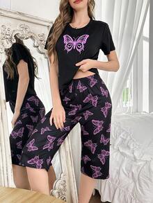 2 pièces/Set Ensemble de pyjama femme avec haut court manches courtes imprimé papillon et pantalon 3/4 - Noir - Voir 6