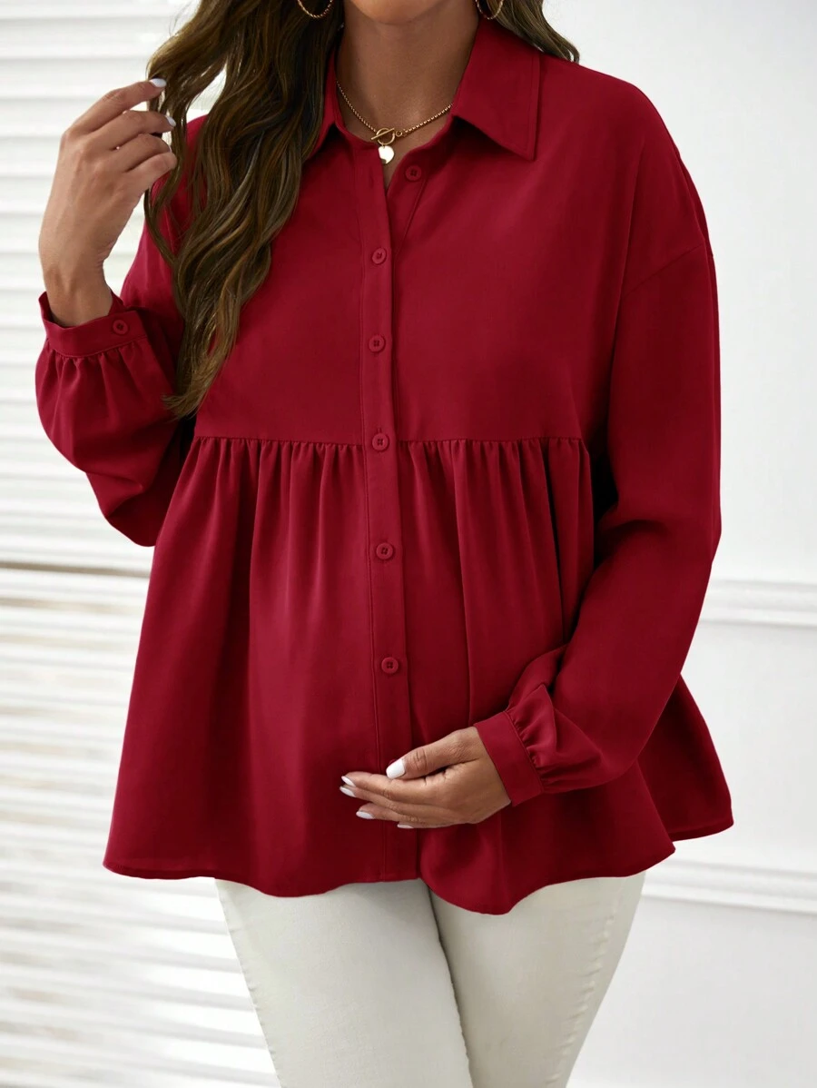 SHEIN Maternity Shirt Solid Color Ruffled Hem Casual Long Sleeve Blouse - Red - View 1