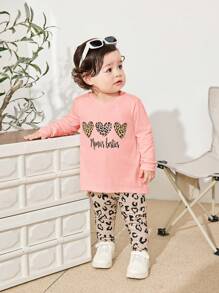 SHEIN Set di top a maniche lunghe con motivo a cartone animato carino e pantaloni con stampa leopardata per bambina