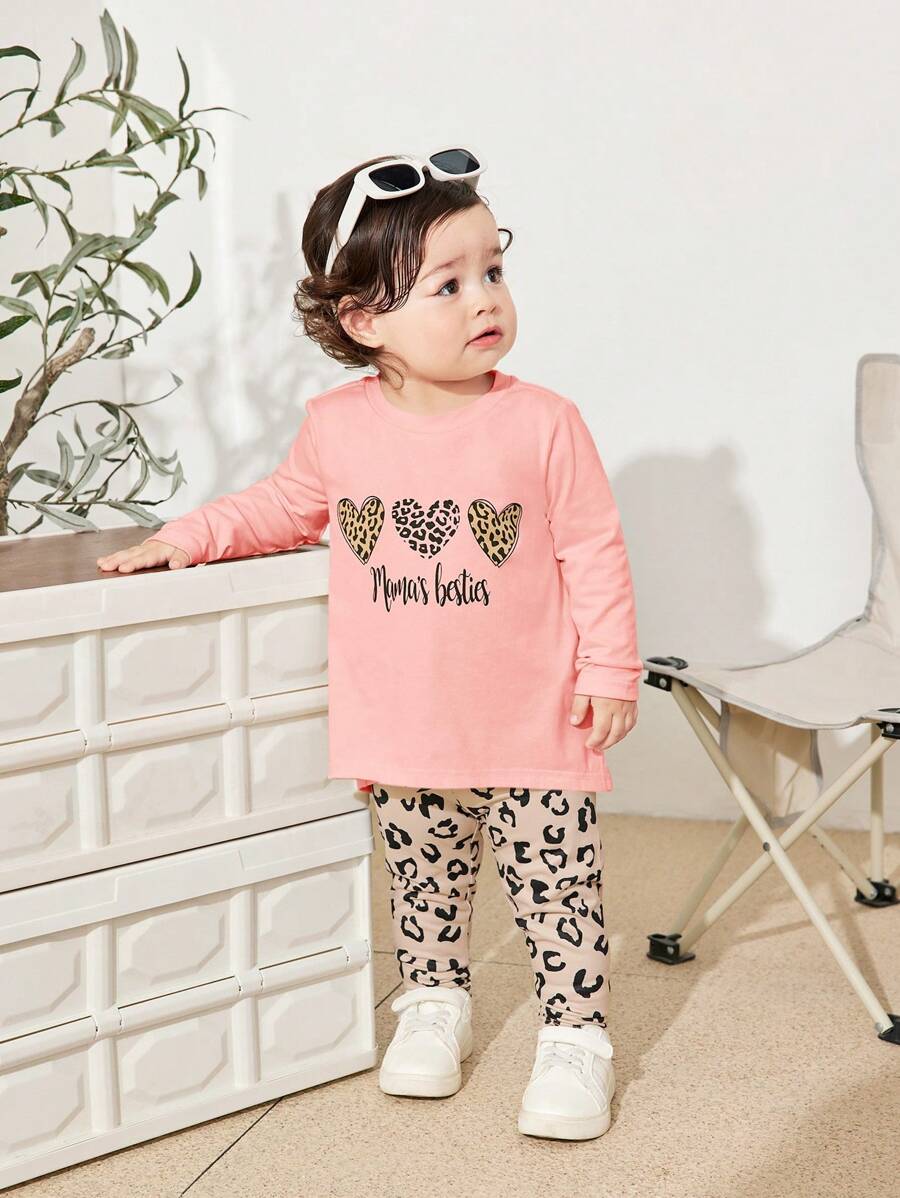 SHEIN Set di top a maniche lunghe con motivo a cartone animato carino e pantaloni con stampa leopardata per bambina