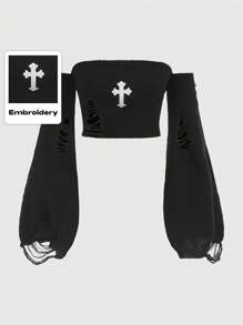 ROMWE Goth 十字图案露肩破洞毛衣，长袖上衣 - 黑色 - 查看 1