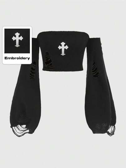 Goth Cross Pattern Off Shoulder Ripped Sweater,Long Sleeve Tops