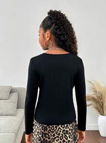 SHEIN Tween Girls' Fitted Casual Long Sleeve T-Shirt With Blurry Skull Pattern And Round Neckline