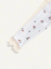 Cozy Pixies 2pcs Baby Girl Floral Pattern Round Neck Ruffle Long Sleeve Top Set - Beige - View 5