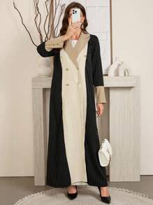 Al Najma Women's Elegant Conservative Collared Color Block Striped Patchwork Abaya, Elegant Maxi Full Length Blazer Jacket Outerwear Modest Long Sleeve Arabian Abayas, For Casual Daily/Travel/Holiday/Work/Evening Events - Black - View 5