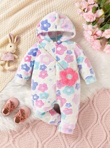 SHEIN 女婴花卉提花羊毛连体衣，秋冬 - 白色 - 查看 1