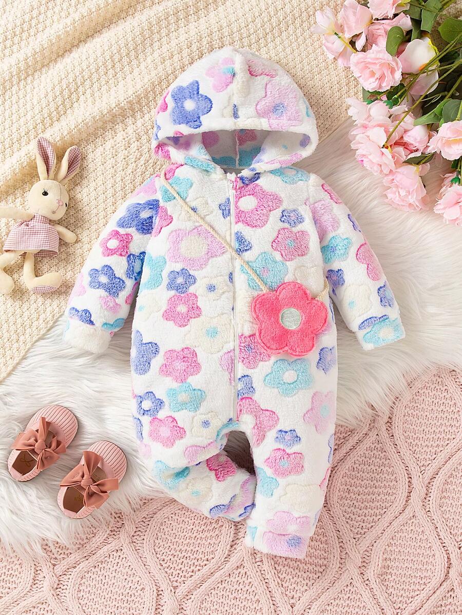 SHEIN 女婴花卉提花羊毛连体衣，秋冬 - 白色 - 查看 1