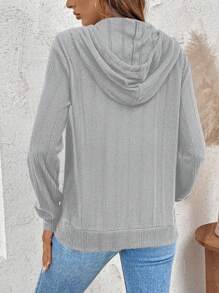 SHEIN LUNE Women Asymmetrical Distressed Ribbed Zip-Up Hooded Sweatshirt, For Spring-Summer-Fall-Winter - Grey - View 2