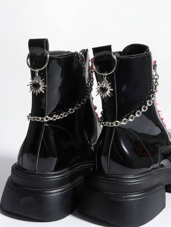 ROMWE Goth 4pcs Gothic Punk Style Dark Rivet Heart Chain Decoration, DIY Shoe Accessories To Add Mystery Vibe, Suitable For Women & Men - Compact, Delicate, Multifunctional Fashion Item