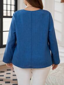 SHEIN LUNE Camisa Plus Size Casual Gola Redonda Botão Decorada, Primavera Outono - Azul - Ver 2