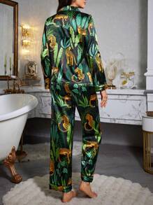 LuxeNights 仿丝豹纹翻领上衣和裤子睡衣套装，秋冬服装，舒适优雅细节 - 黑色 - 查看 2