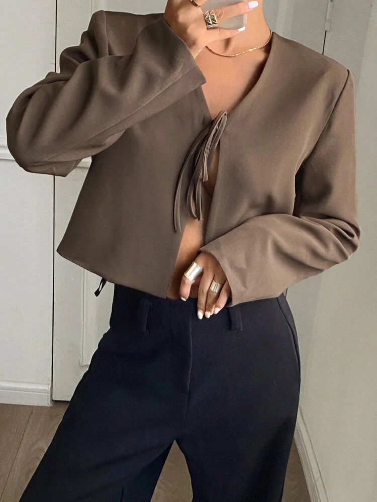 Women's Solid V-Neck Front Tie Long Sleeve Jacket