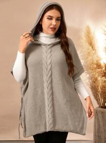 Plus Size Hooded Collar Cable Cable Solid Color Batwing Sleeve Pullover Sweater Knit Pullover Fall Winter - Khaki - View 3